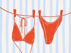Red and Blue Illustrated Playful Retro Summer Vibes Bikini Poster 1