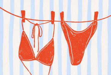 Red and Blue Illustrated Playful Retro Summer Vibes Bikini Poster 1