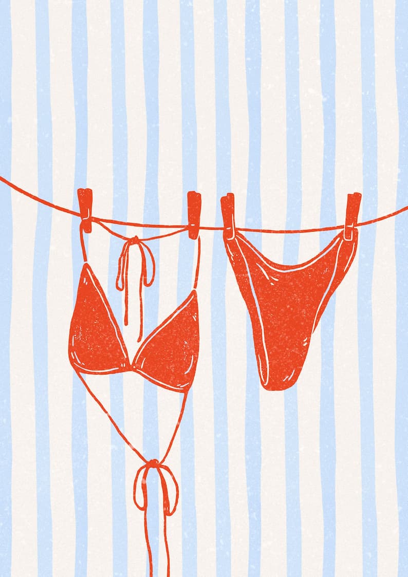O Fascínio do Bikini: História, Tipos e Tendências 1 Red and Blue Illustrated Playful Retro Summer Vibes Bikini Poster 1